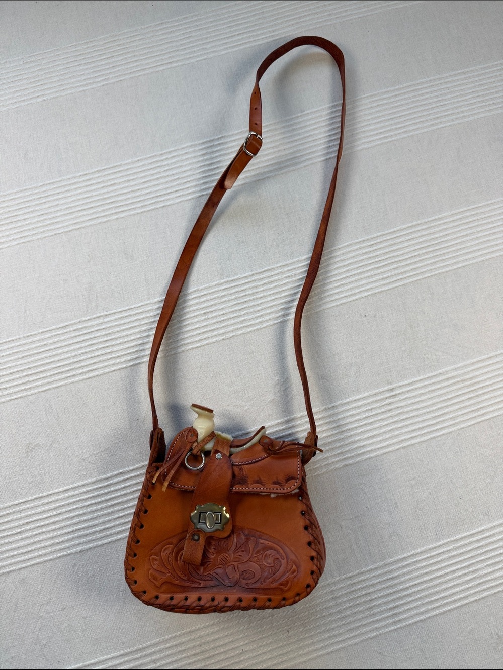 Handmade Leather Mini Saddle Bag with Floral Tooling